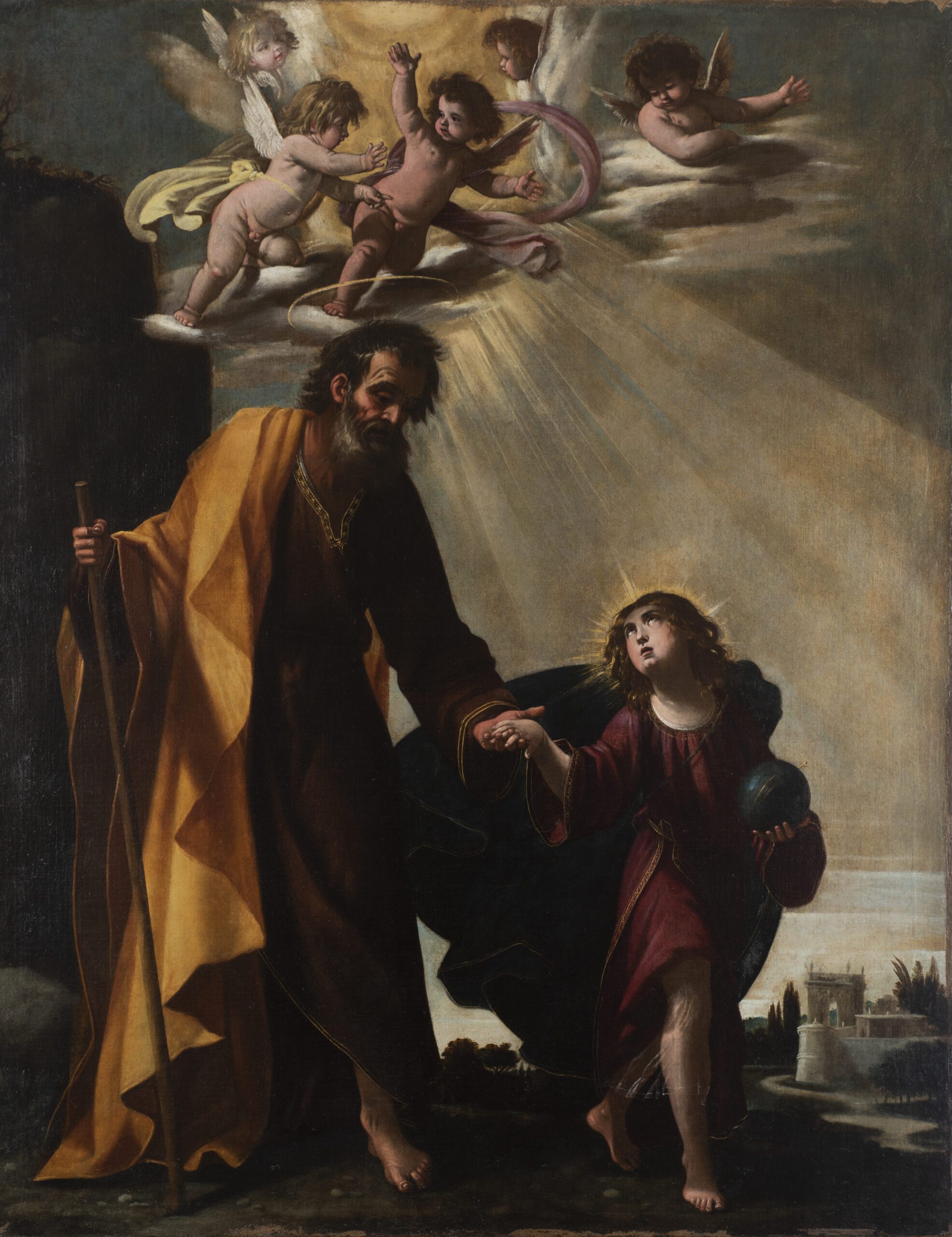 Giovanni Baglione e bottega S Giuseppe con Gesù giovinetto 1630 circa Olio su tela cm. 147 x 114 Nel 1603 Giovanni Baglione denunciò Michelangelo Merisi, detto il Caravaggio, per diffamazione; il grande maestro lombardo non aveva gradito che il Baglione avesse realizzato un dipinto copiando il suo stile e per vendicarsi aveva scritto versi offensivi nei suoi confronti. E’ un peccato che il Baglione debba la sua fama a questo episodio; fu uno dei più grandi pittori della Roma barocca e questo dipinto, che raffigura il Cristo giovane intento ad aiutare l’anziano padre Giuseppe a camminare, lo dimostra grazie a una composizione equilibrata e a particolari unici come i puttini alati e spettinati in cielo.