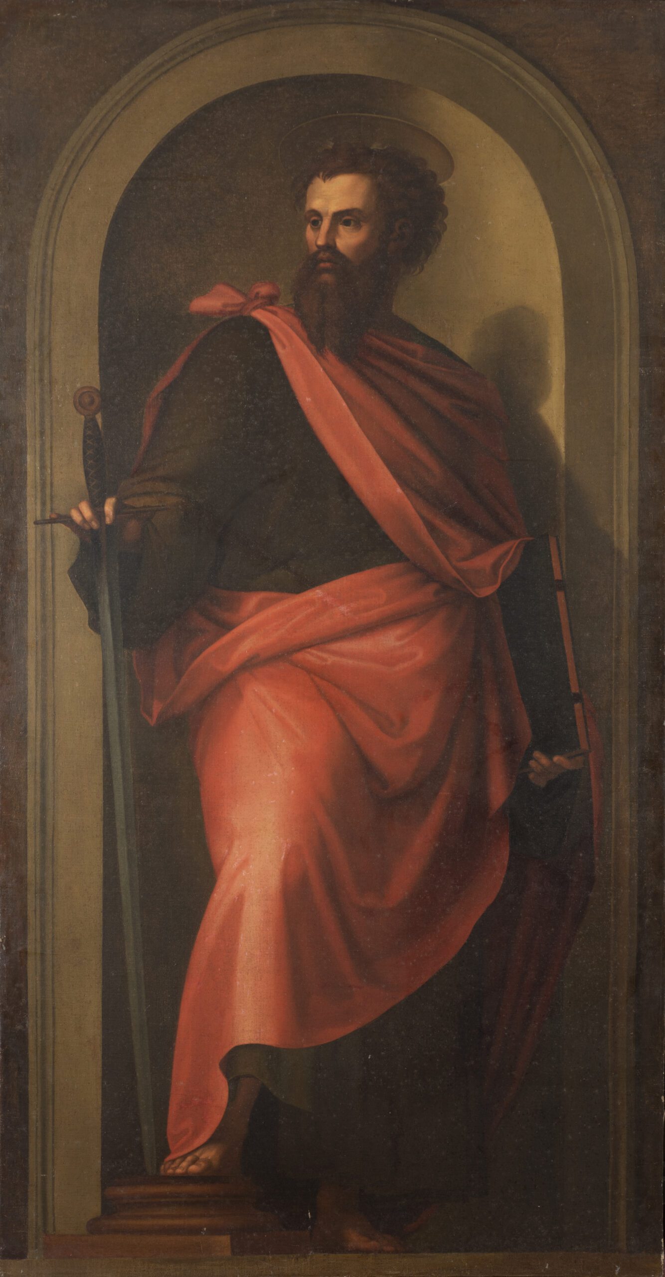 Francesco Giangiacomo (1783-1864) Copia dai SS. Pietro e Paolo di Raffaello e Fra Bartolomeo ai Musei Vaticani 1830 circa olio su tela cm 220X120 Francesco Giangiacomo fu docente di disegno presso l’Ospizio Apostolico del San Michele per tutta la prima metà dell’Ottocento. Le due tele, riferite al maestro da Michela Gianfranceschi, sono la copia di due dipinti raffiguranti San Pietro e San Paolo oggi ai Musei Vaticani ed eseguiti da Raffaello Sanzio e Fra Bartolomeo agli inizi del Cinquecento. Il docente realizzava la copia dall’originale affinché fosse a disposizione degli allievi per studio; da essa era anche possibile realizzare arazzi o copie su tela di dimensioni più piccole.