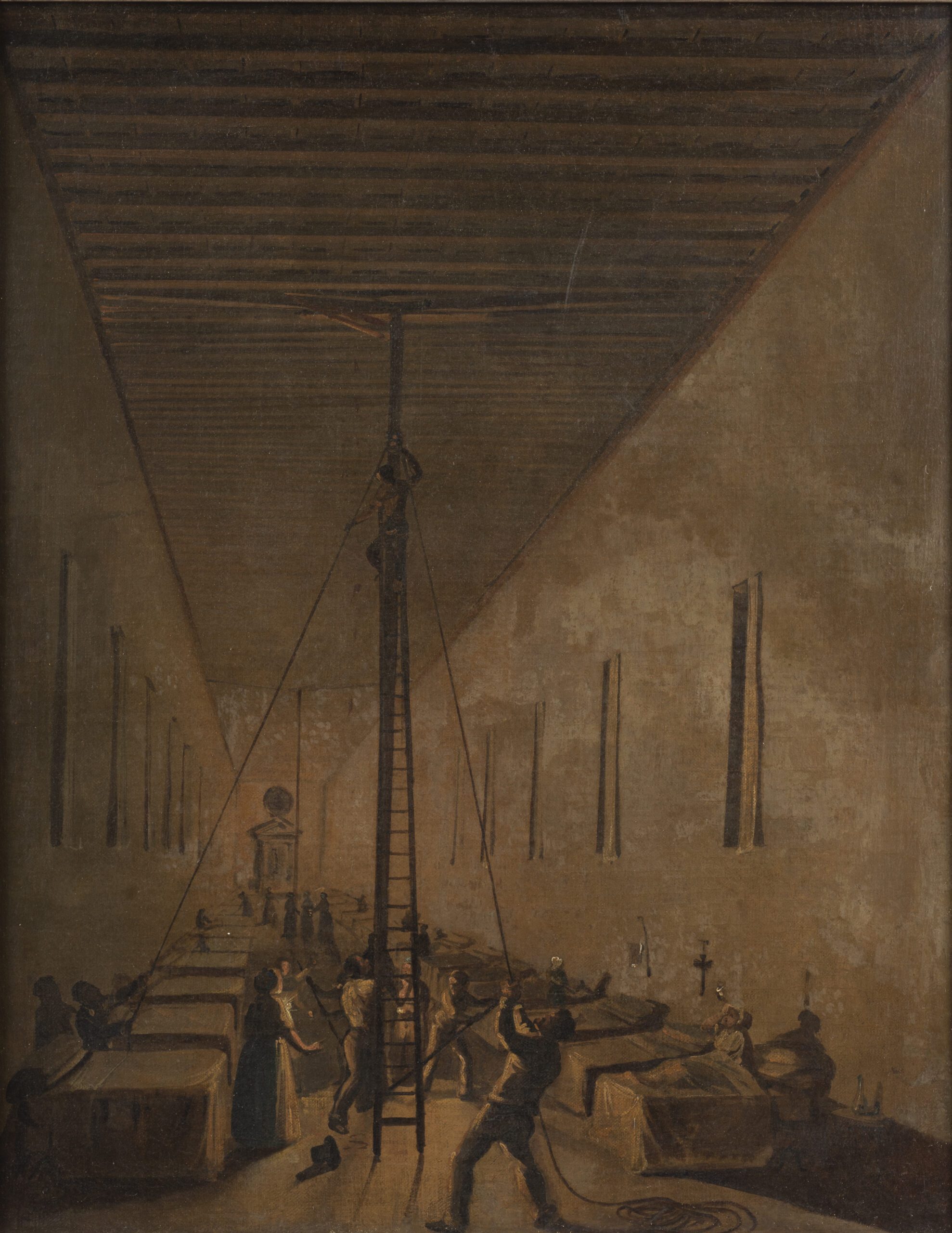 Anonimo decoratore della seconda metà del XIX secolo Scene di vita quotidiana all’Ospizio Apostolico di Trastevere: la riparazione di un tetto in una camerata femminile, la pittura di una facciata su via di San Michele Olio su tela cm 61 x 47 ognuno Le quattro scene, dai colori vivaci e dallo stile popolare, si inseriscono nella scia dei dipinti cosiddetti da ex voto, ovvero scenette realizzate dai fedeli per grazia ricevuta e collocate in prossimità di altari devozionali ai quali si rivolgevano suppliche di vario genere. Roma è ancora colma di questi dipinti, soprattutto accanto ad altari mariani; le scene in questione, pur non rappresentando episodi miracolosi legati alla devozione religiosa, raffigurano in modo enfatico la riparazione di un tetto e di una facciata nell’antico edificio dell’Ospizio Apostolico in Trastevere. Singolare la rappresentazione della camerata femminile, una lunga corsia con letti disposti uno accanto all’altro come negli antichi ospedali.